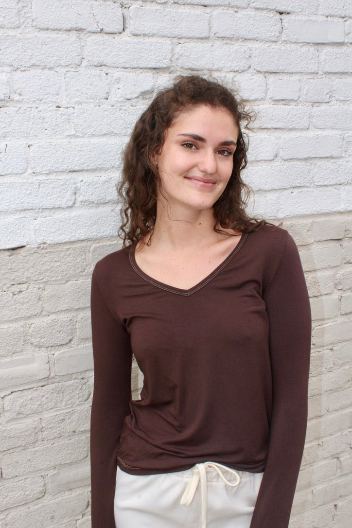 Softest V-neck Long Sleeve Tee - Coffee