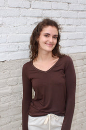 Softest V-neck Long Sleeve Tee - Coffee