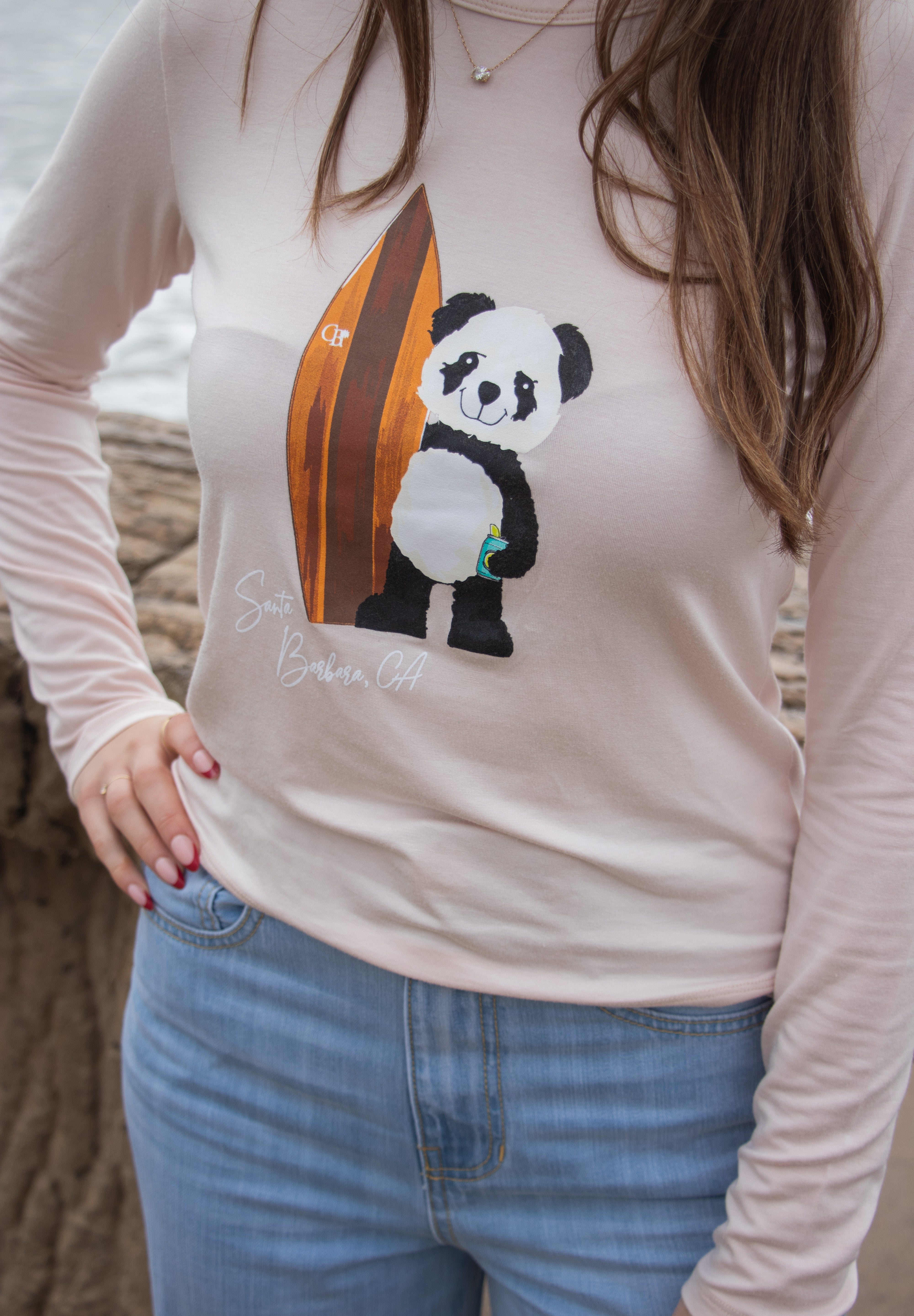 Softest Long Sleeve Tee - Surf Panda - Pink Rose