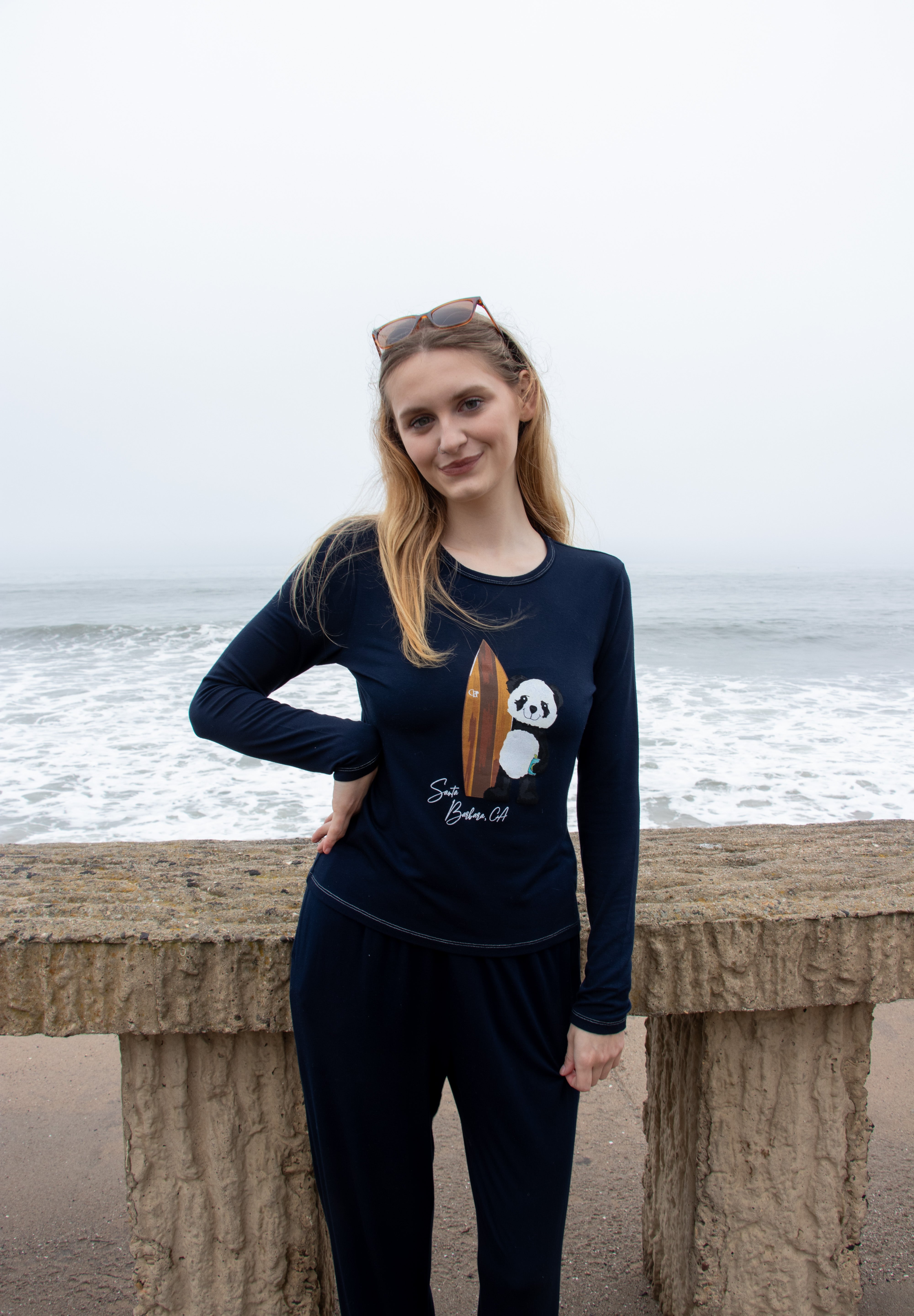 Softest Long Sleeve Tee - Surf Panda - Ocean Blue