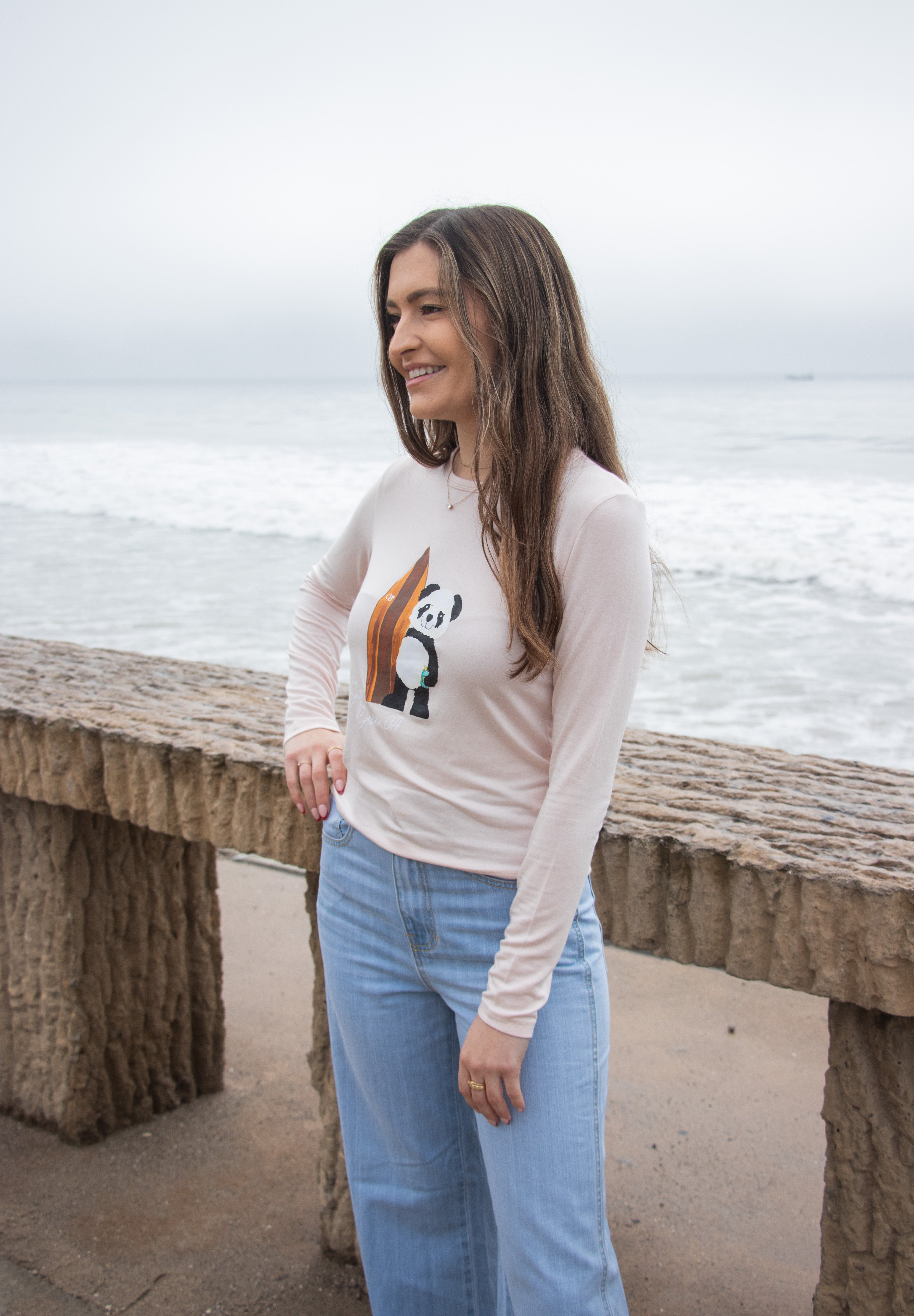 Softest Long Sleeve Tee - Surf Panda - Pink Rose