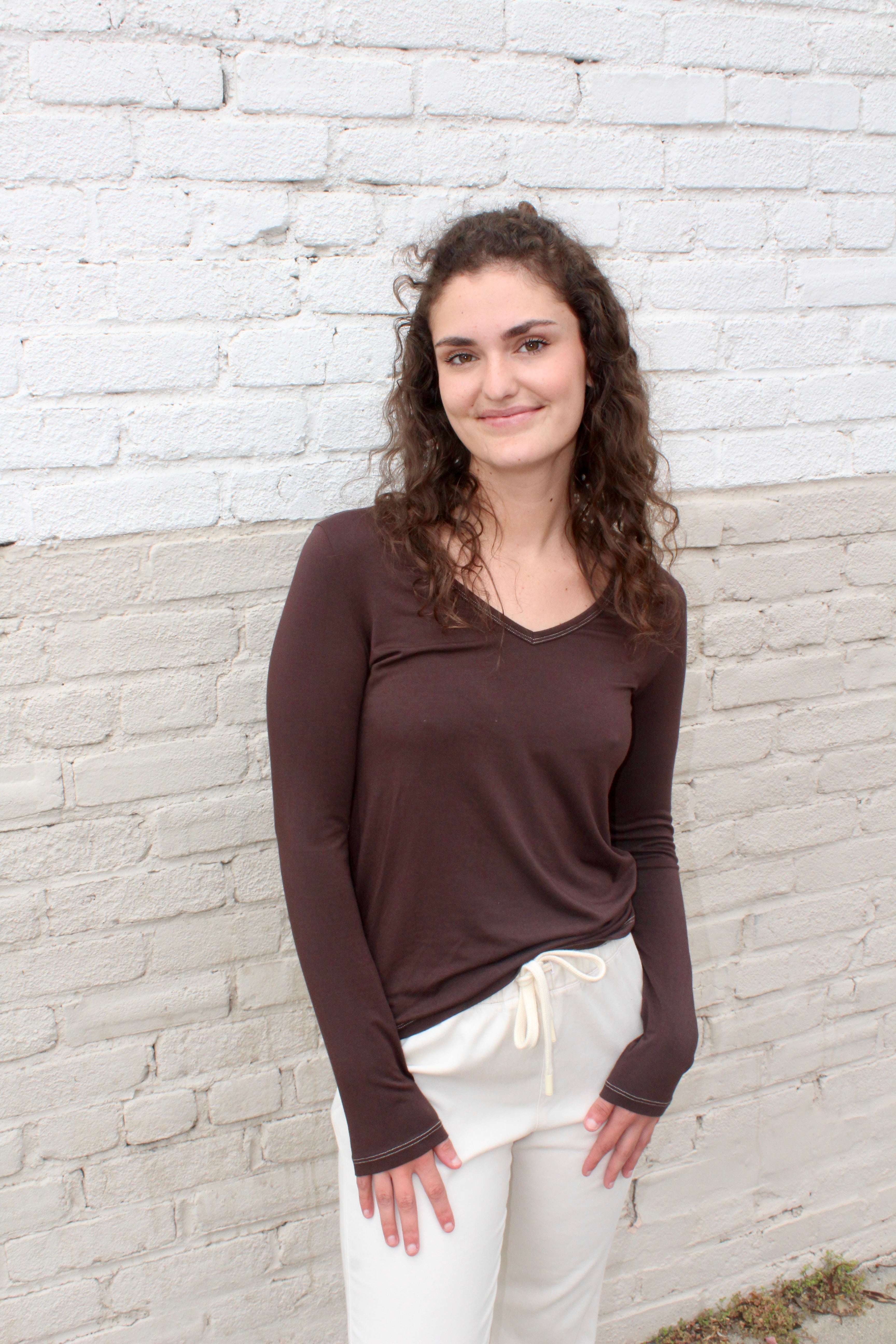 Softest V-neck Long Sleeve Tee - Coffee