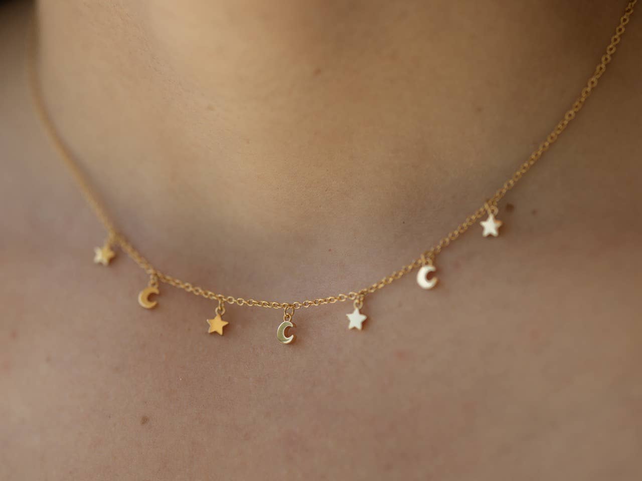 Star and Moon Choker Necklace in Gold