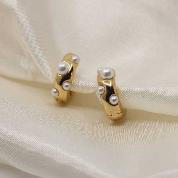 Sylvie Pearl Huggie Hoop Earrings in Gold