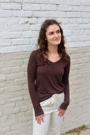 Softest V-neck Long Sleeve Tee - Coffee