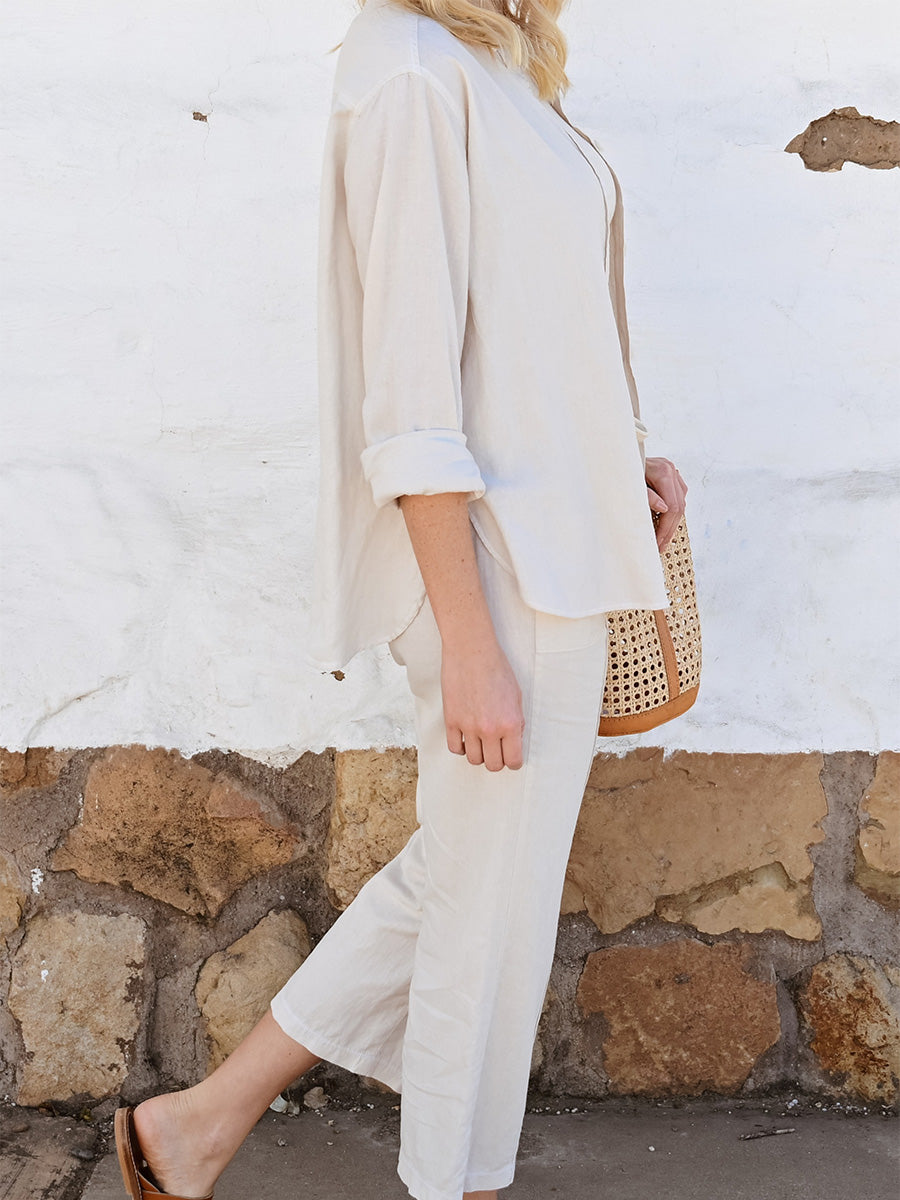 Linen Button Up Top - Sand