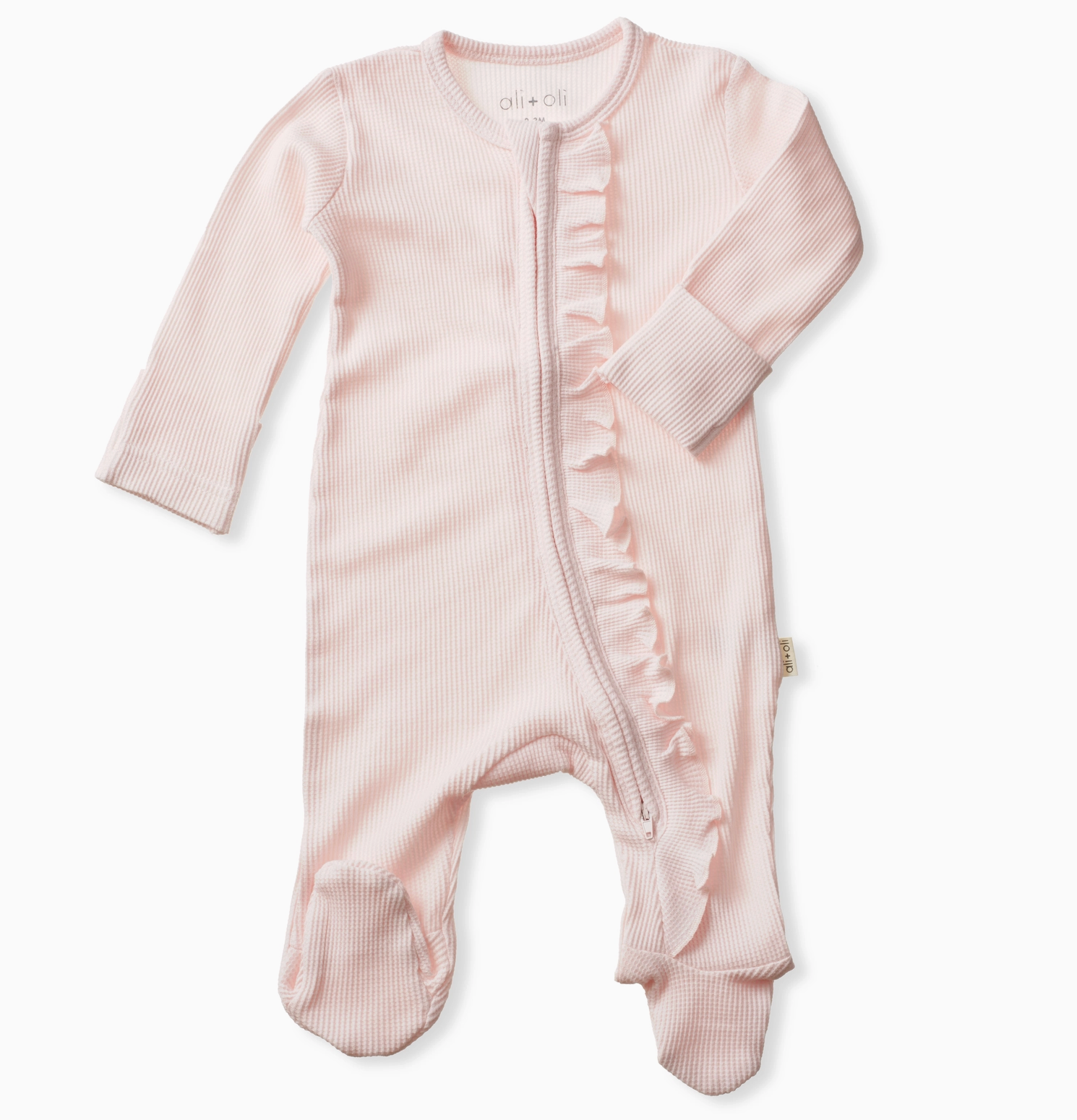 Baby Ruffle Footie 2-Way Zipper – Pink Organic Cotton Waffle Knit