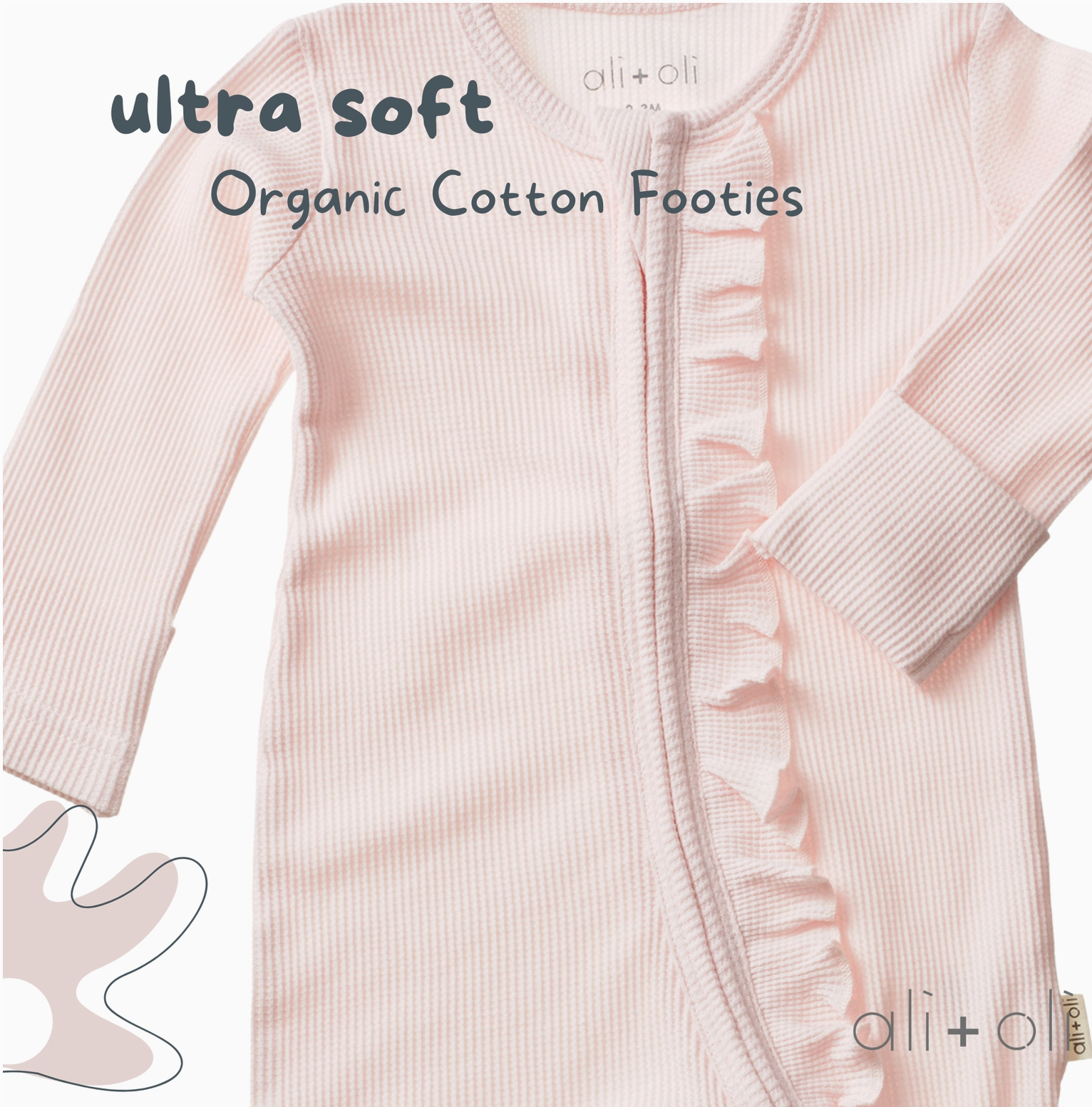 Baby Ruffle Footie 2-Way Zipper – Pink Organic Cotton Waffle Knit