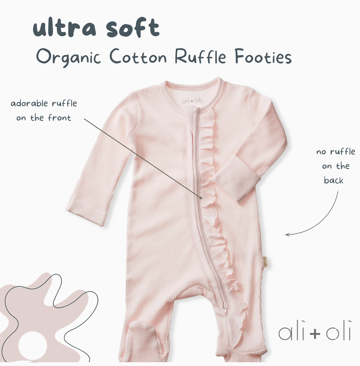 Baby Ruffle Footie 2-Way Zipper – Pink Organic Cotton Waffle Knit