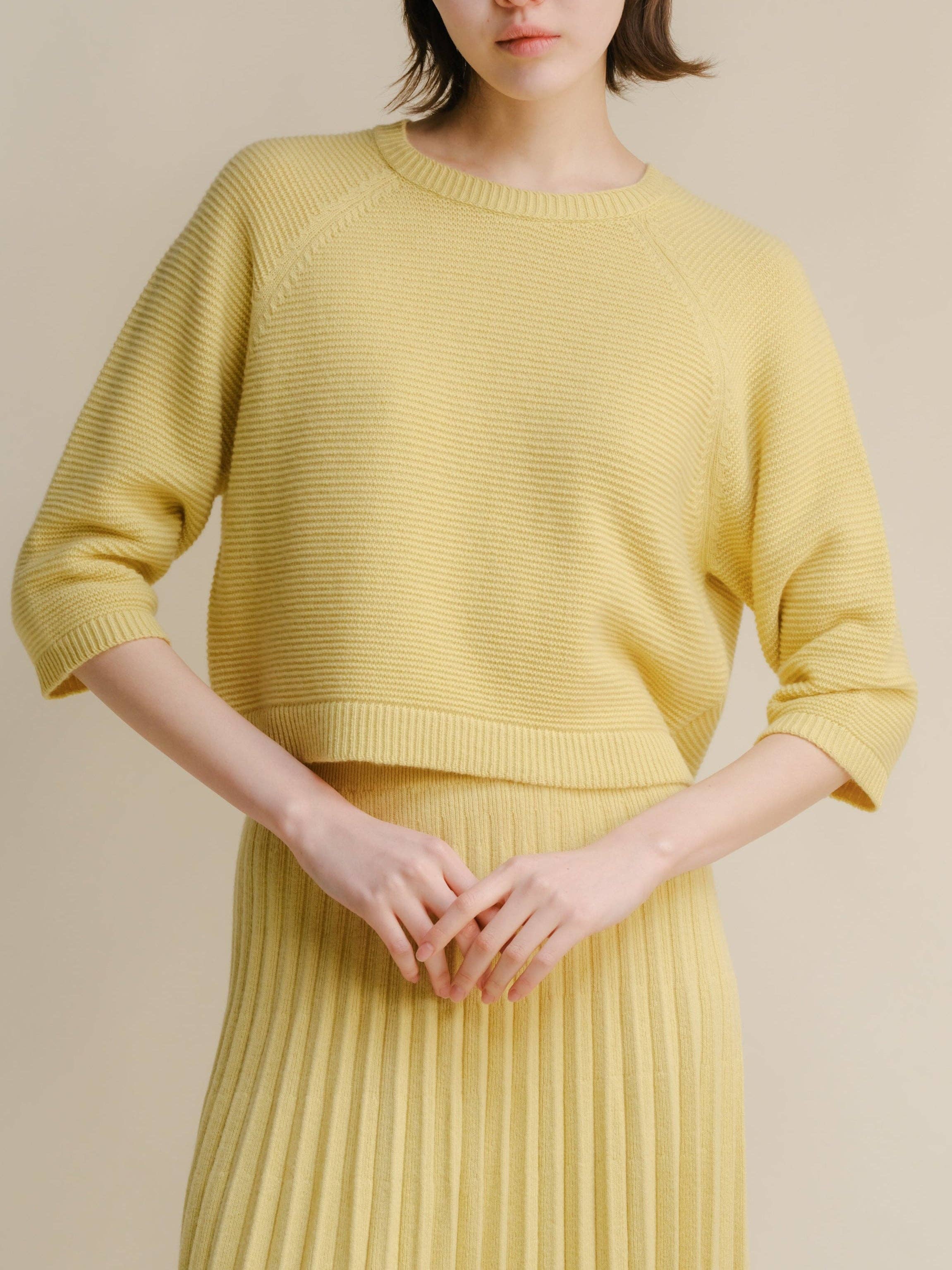 Cashmere Mix Cropped 3/4 Sleeve Pullover / Honey