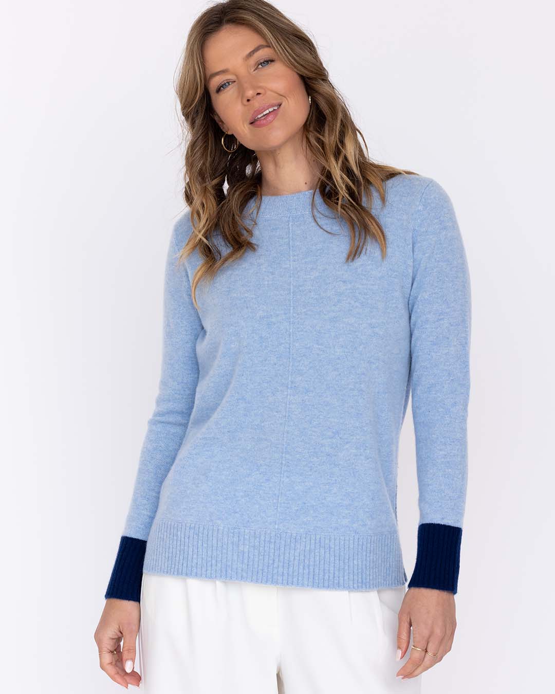 Cashmere Contrast Crew: Stonewash/Navy