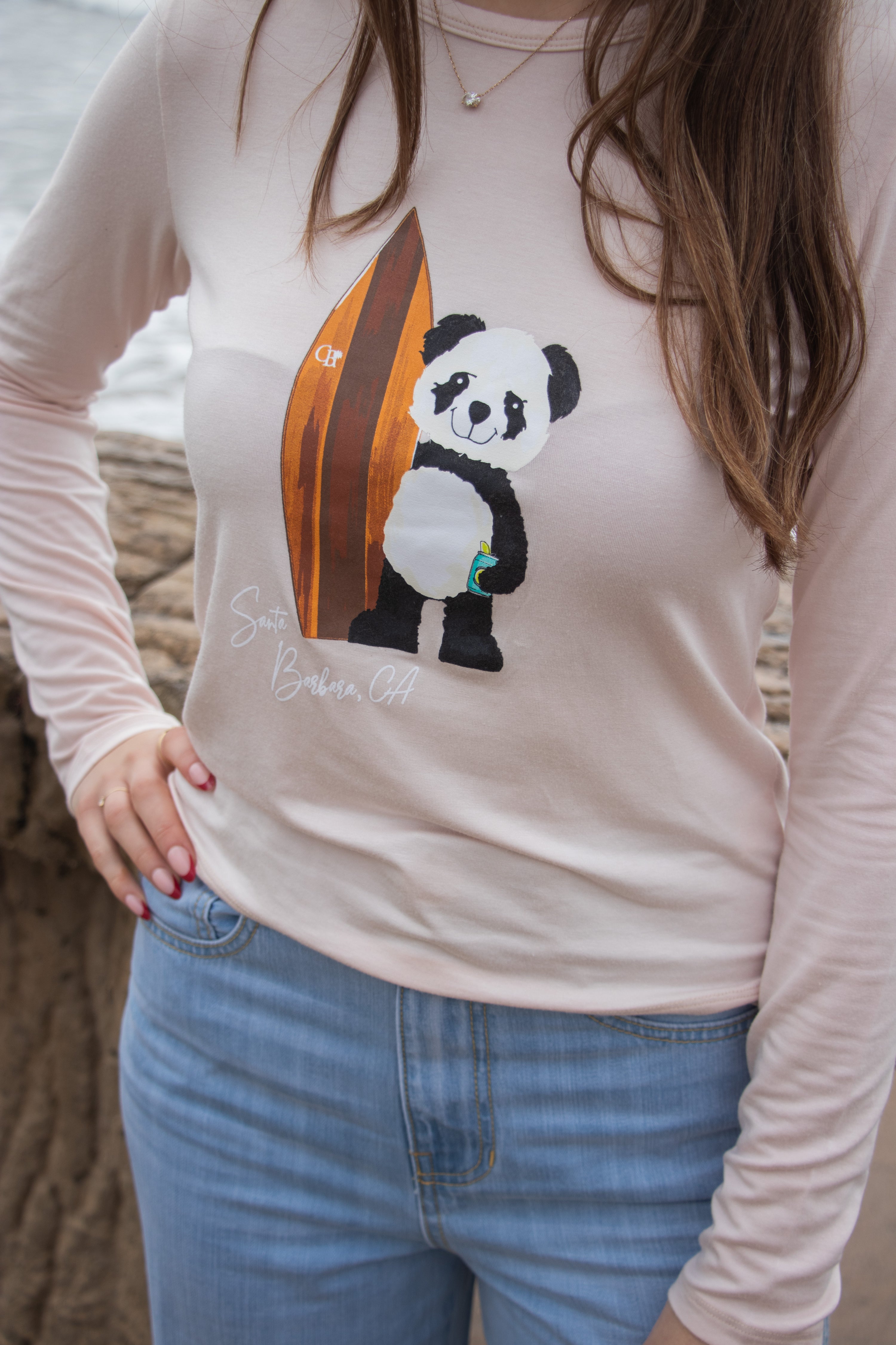 Softest Long Sleeve Tee - Surf Panda - Pink Rose