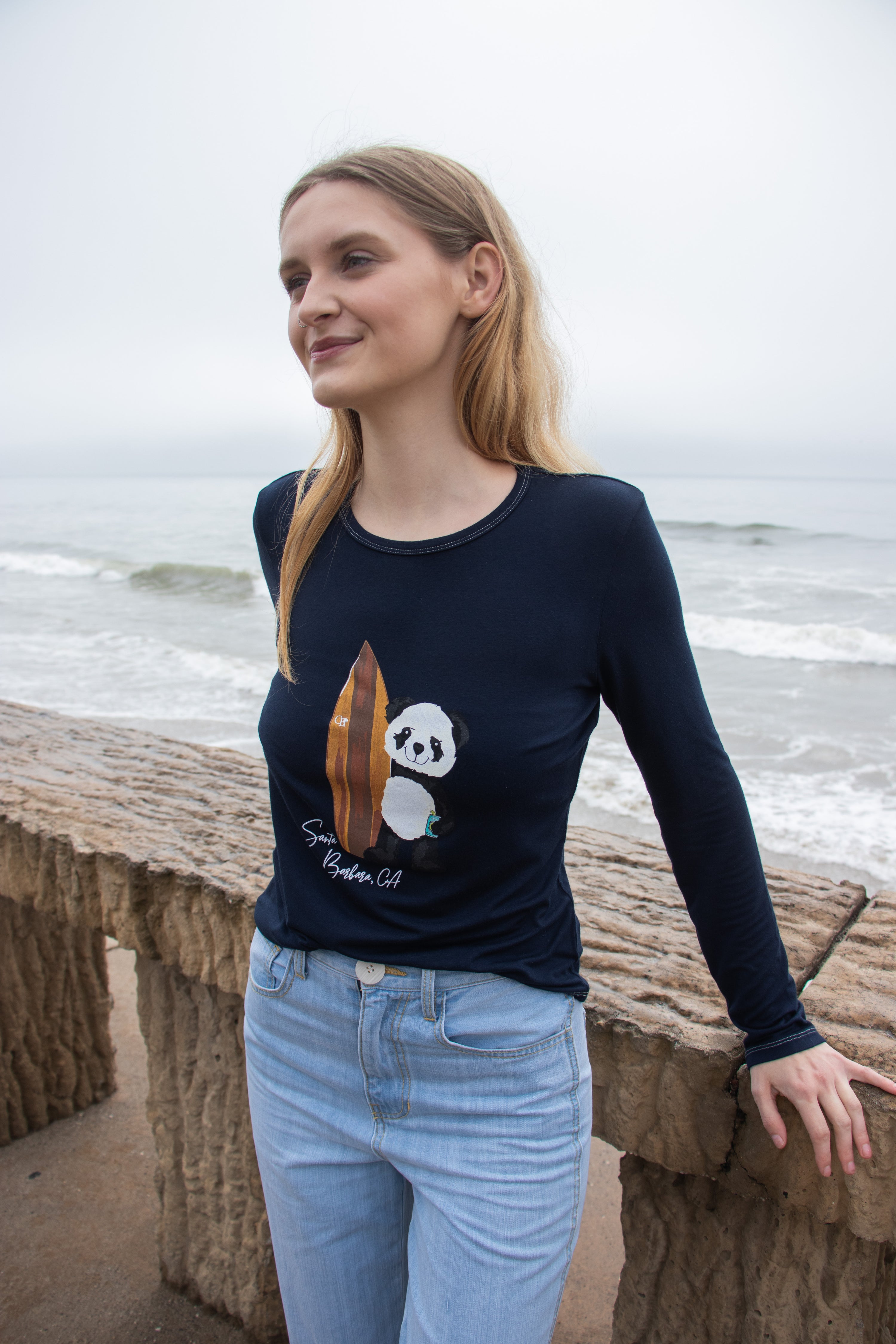 Softest Long Sleeve Tee - Surf Panda - Ocean Blue