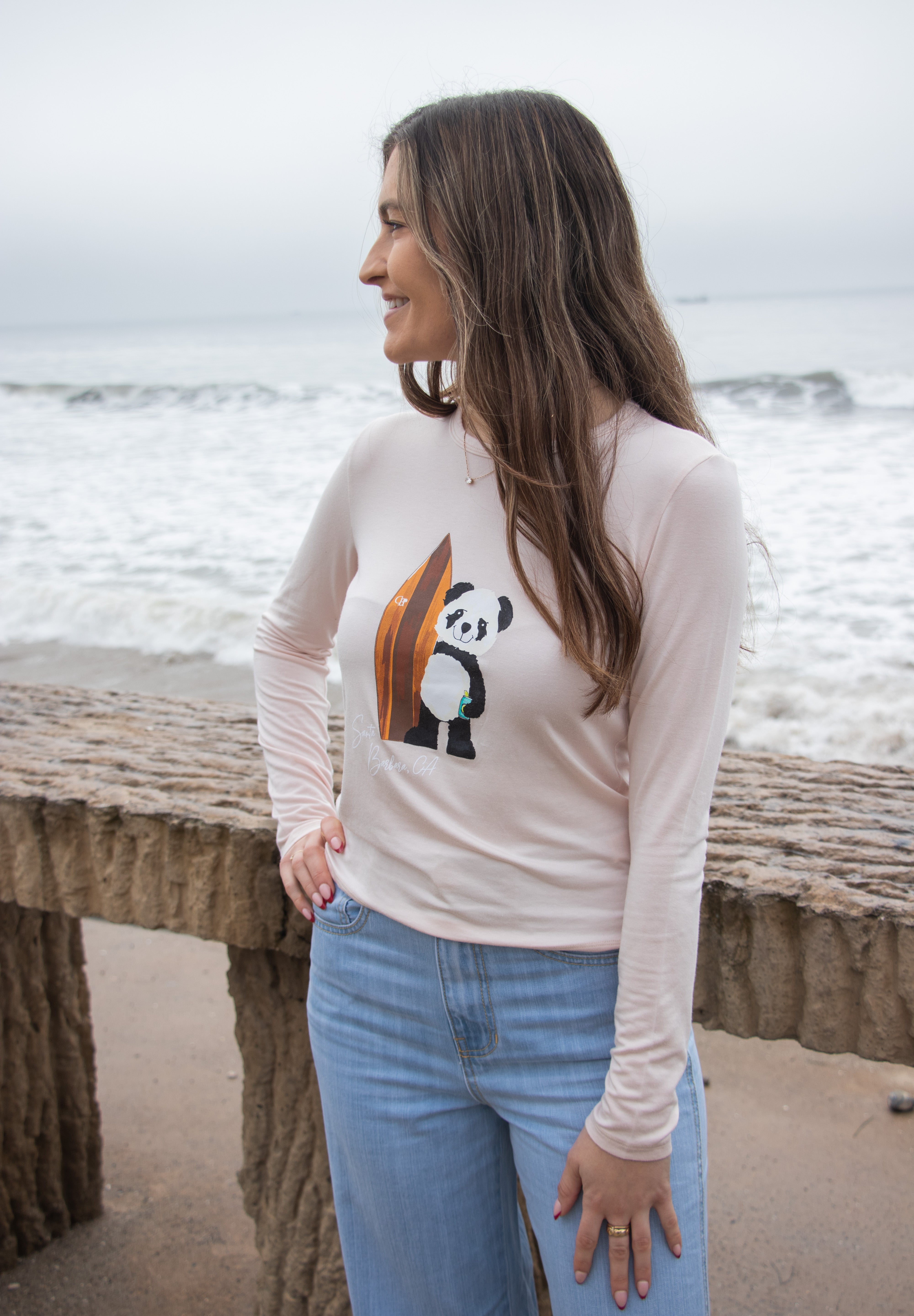 Softest Long Sleeve Tee - Surf Panda - Pink Rose