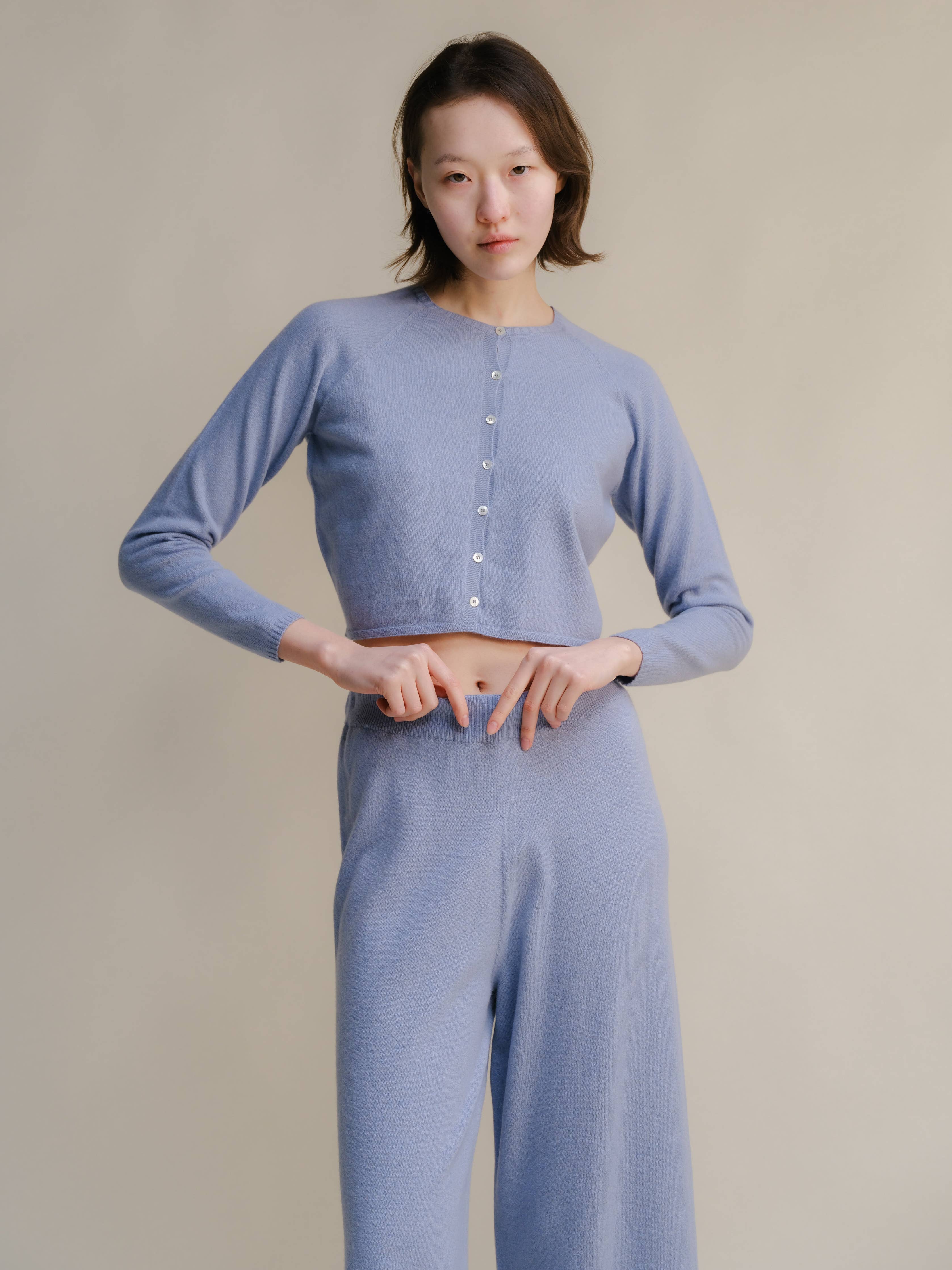 Cashmere Mix Cropped Cardigan (3D-Knit) - Dusty Blue