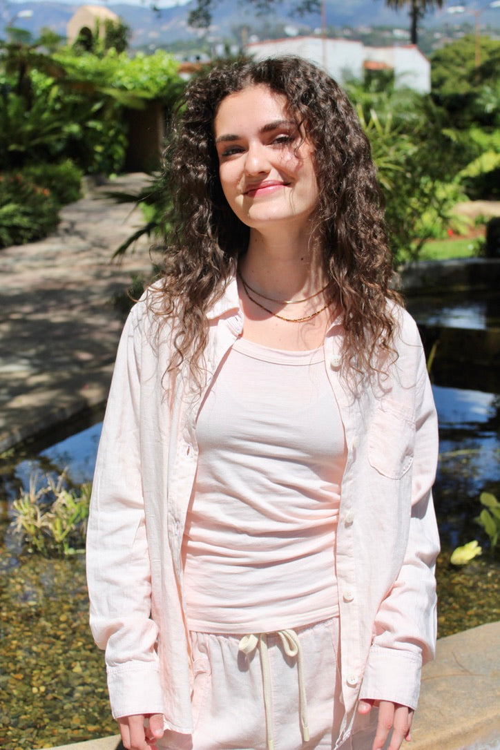 Linen Button Up Top - Pink Rose