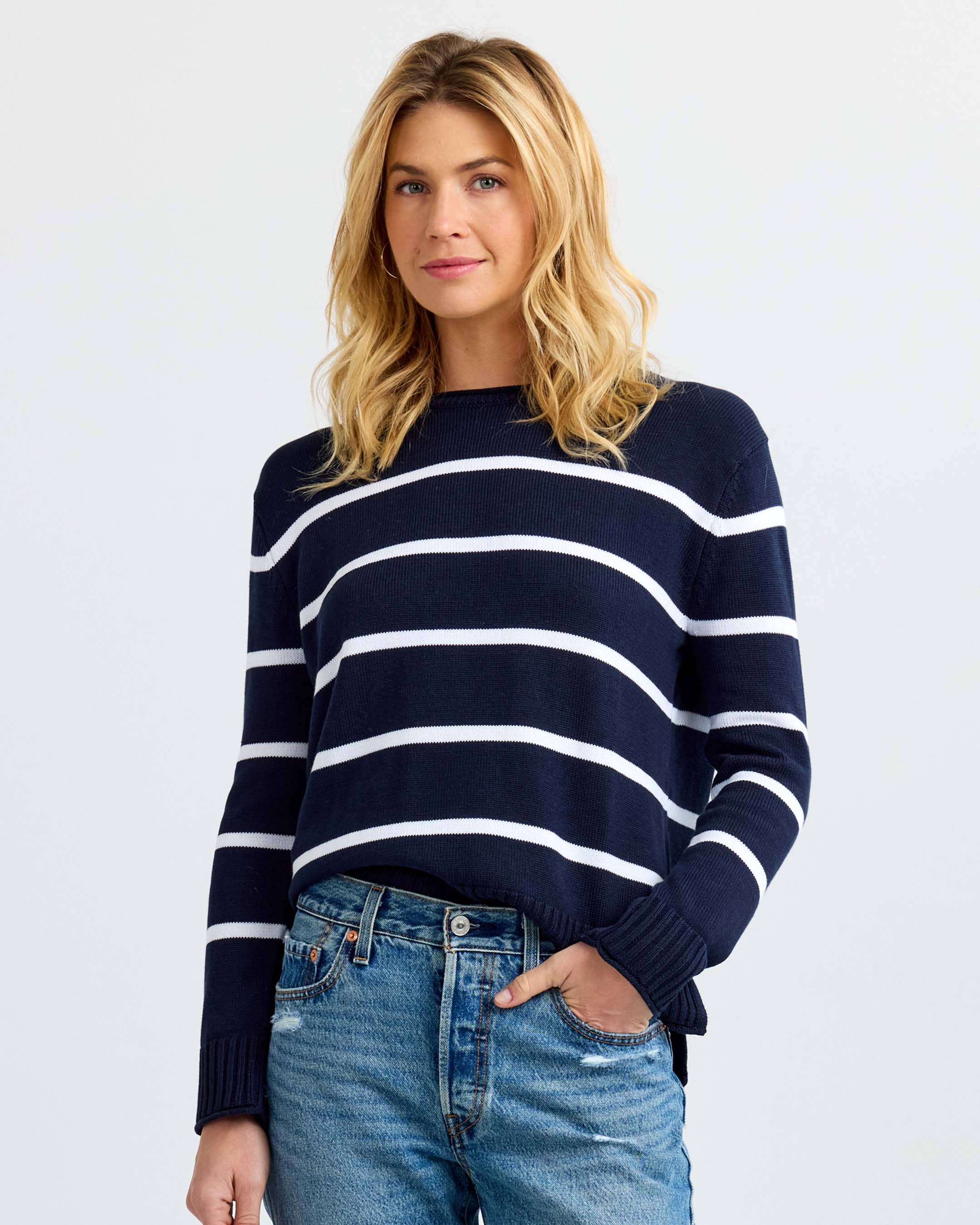 Everyday Cotton Crew - Navy & White Stripe