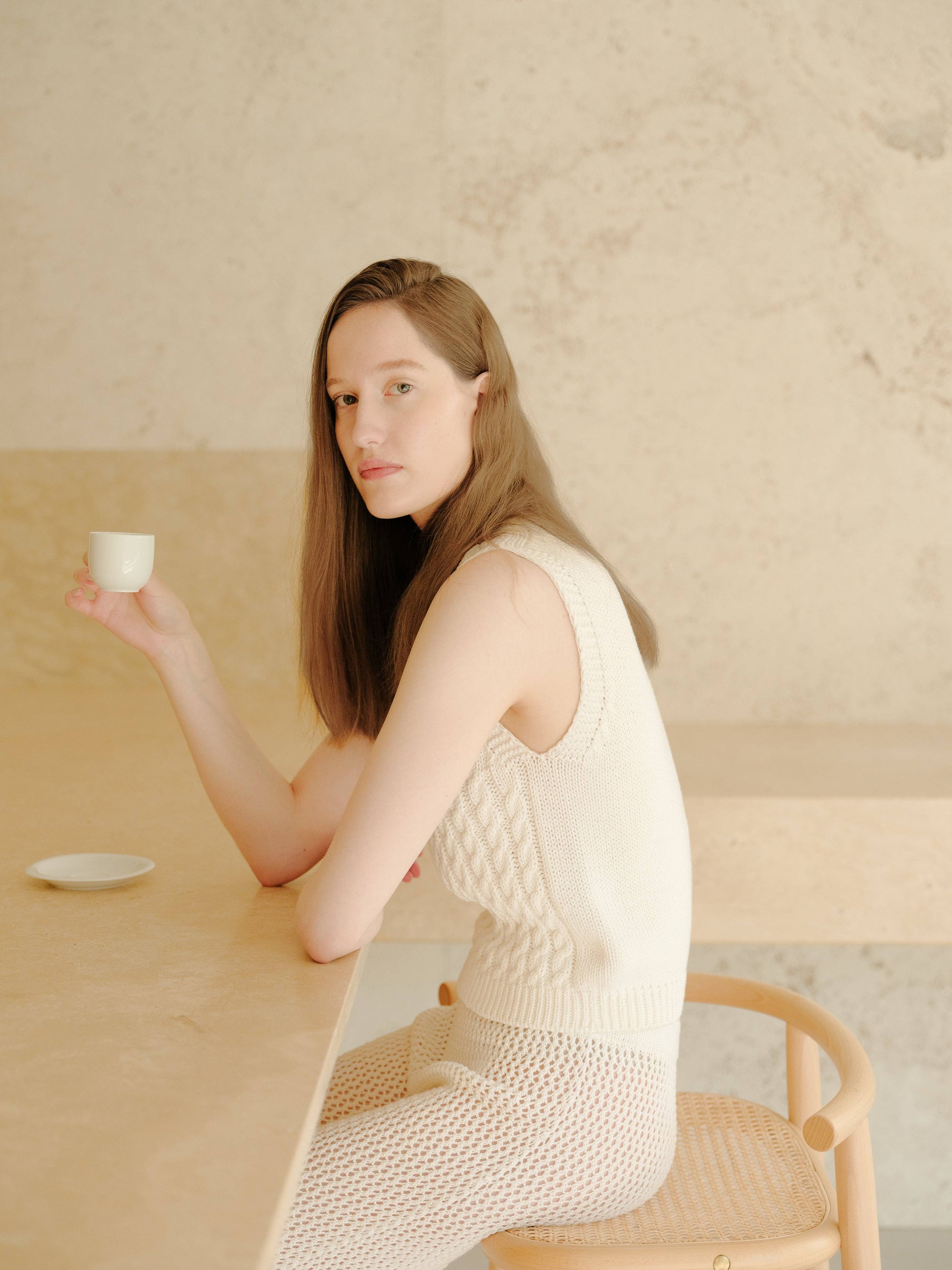 Fine Cotton Cable Tank Top (3D-Knit): White