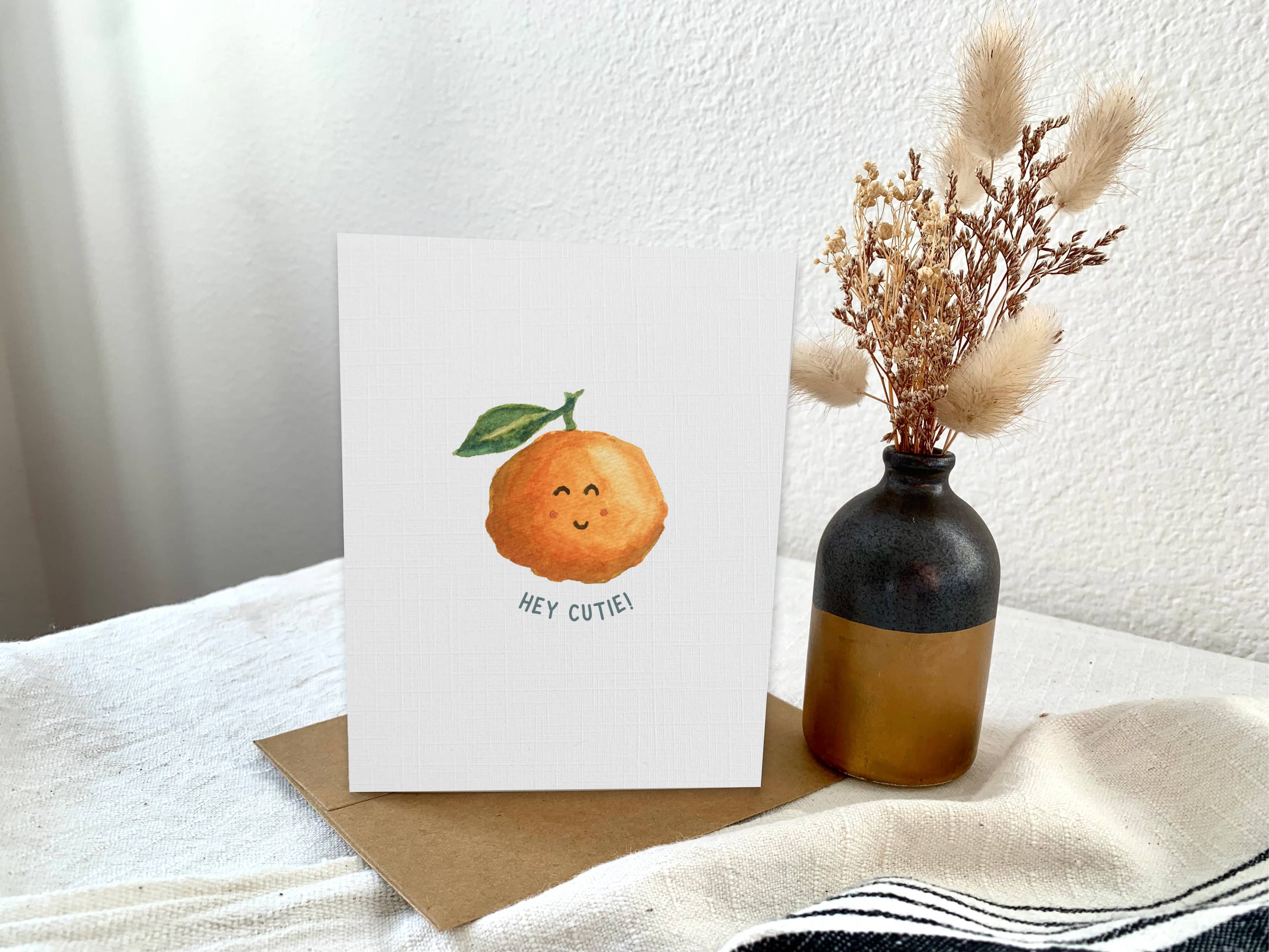 Hey cutie all-occasion food pun card, Cute orange love card