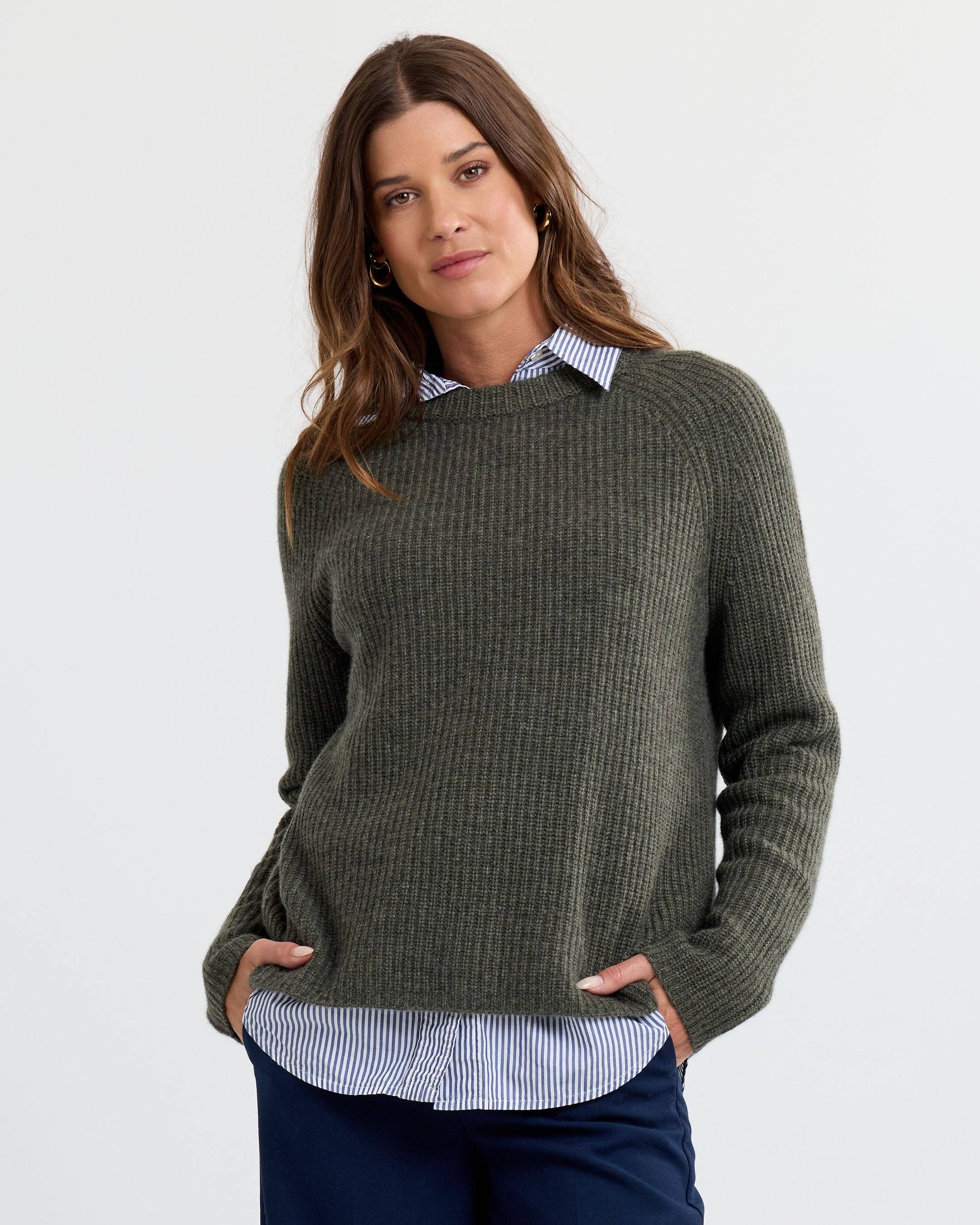 Cashmere Fisherman Crew- Dark Olive