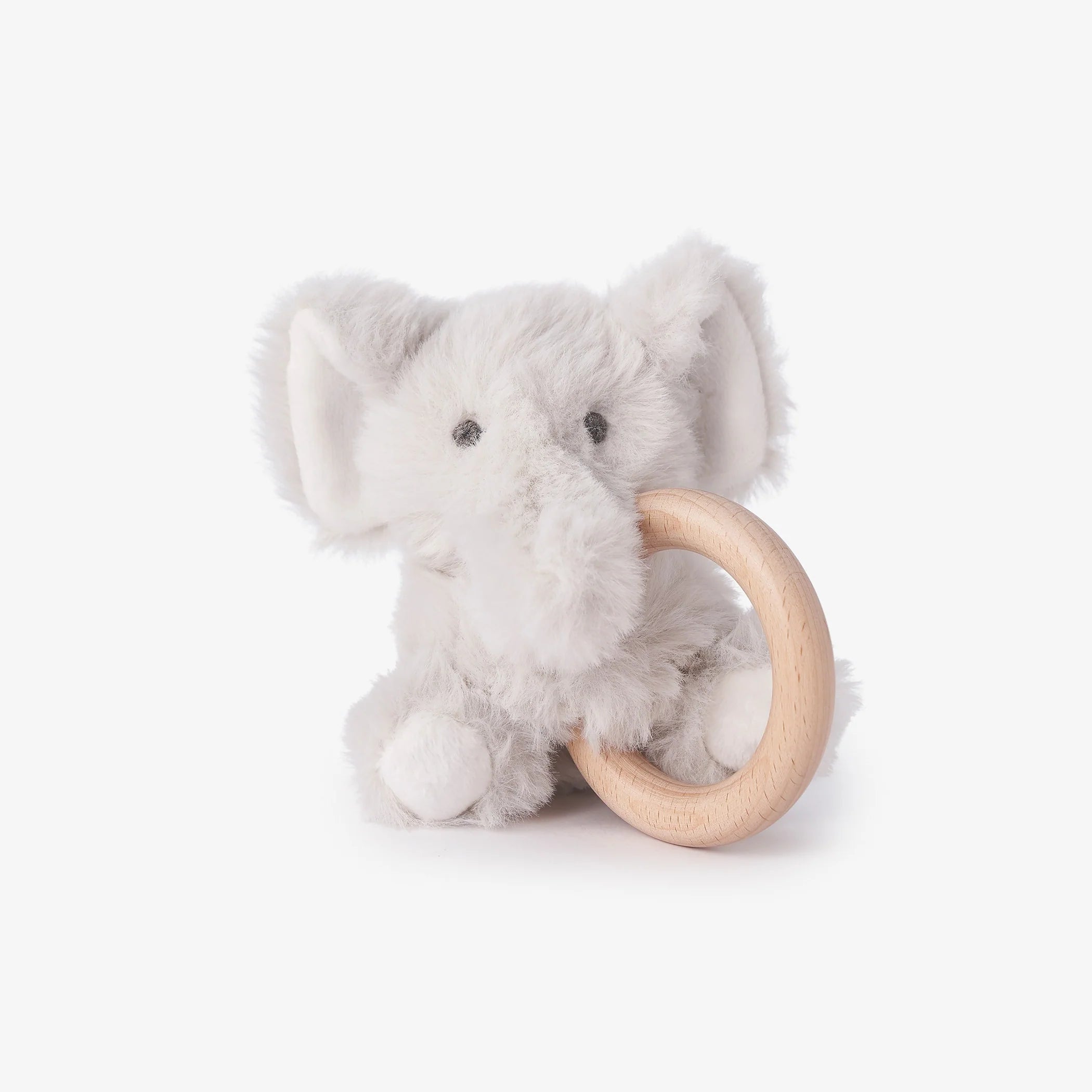 Plush Elephant Wooden Ring Rattle - Gray