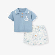 Nautical Knit Polo w/ Map Print Shorts - Blue/White