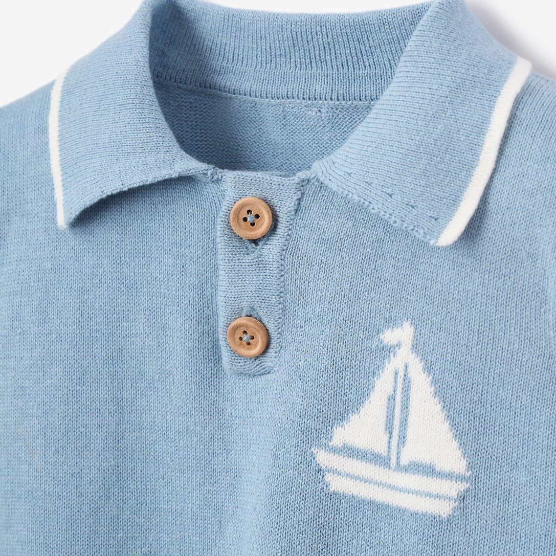 Nautical Knit Polo w/ Map Print Shorts - Blue/White