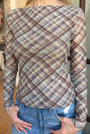 Zadie Mesh Top - Brown Plaid