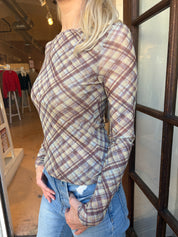 Zadie Mesh Top - Brown Plaid