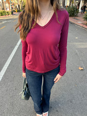 Softest V-neck Long Sleeve Tee - Merlot