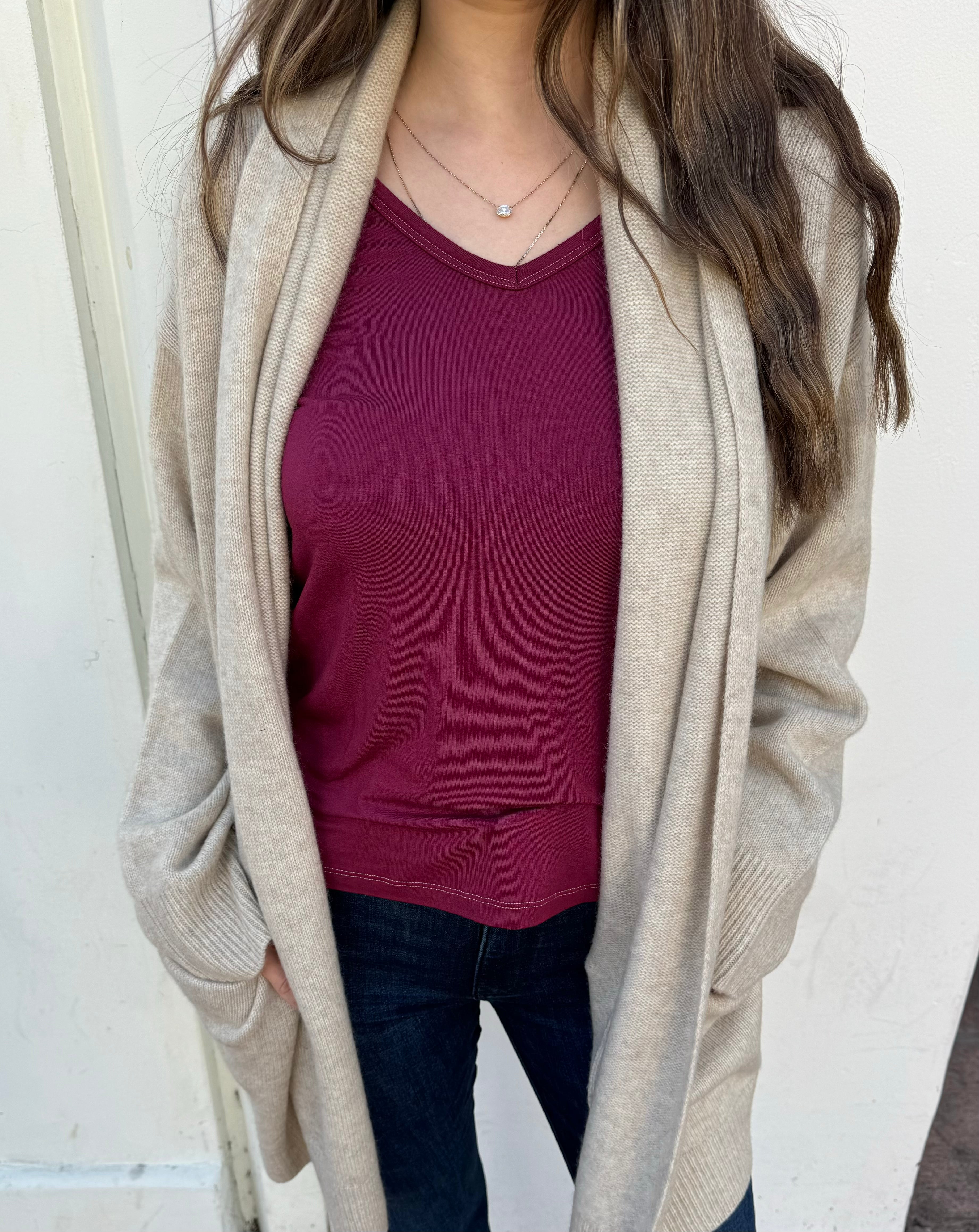 Softest V-neck Long Sleeve Tee - Merlot