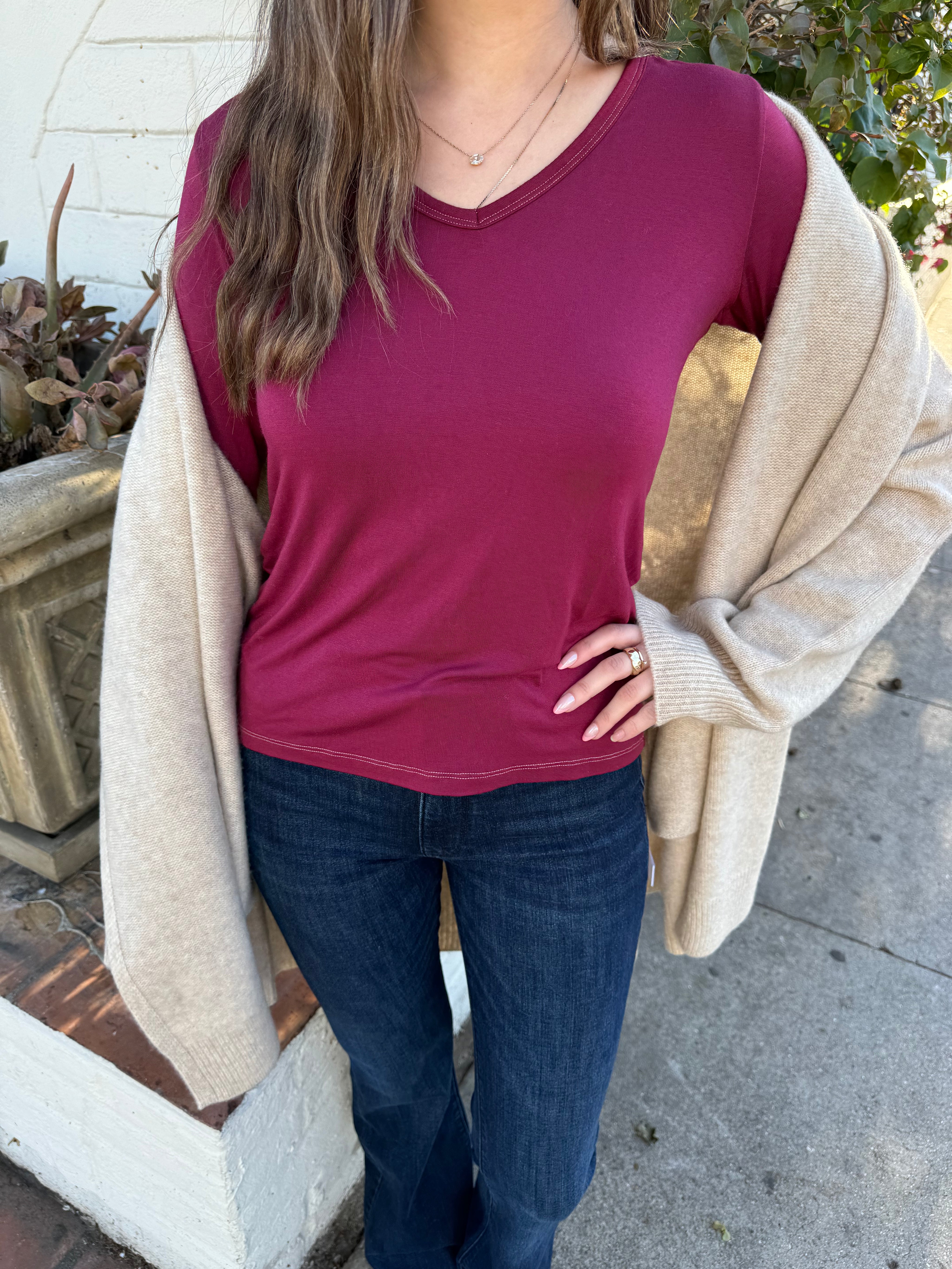 Softest V-neck Long Sleeve Tee - Merlot