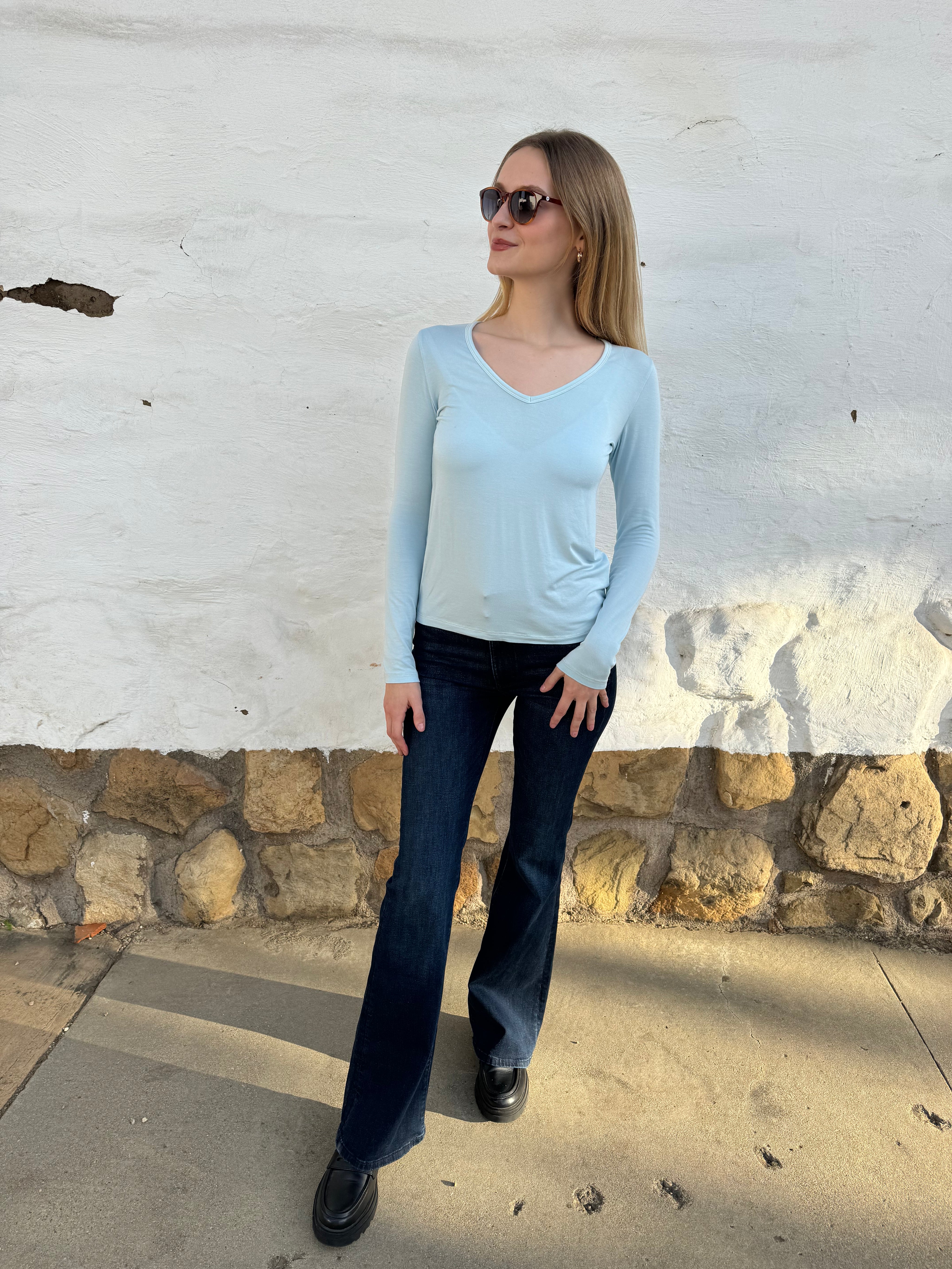 Softest V-neck Long Sleeve Tee - Sky Blue