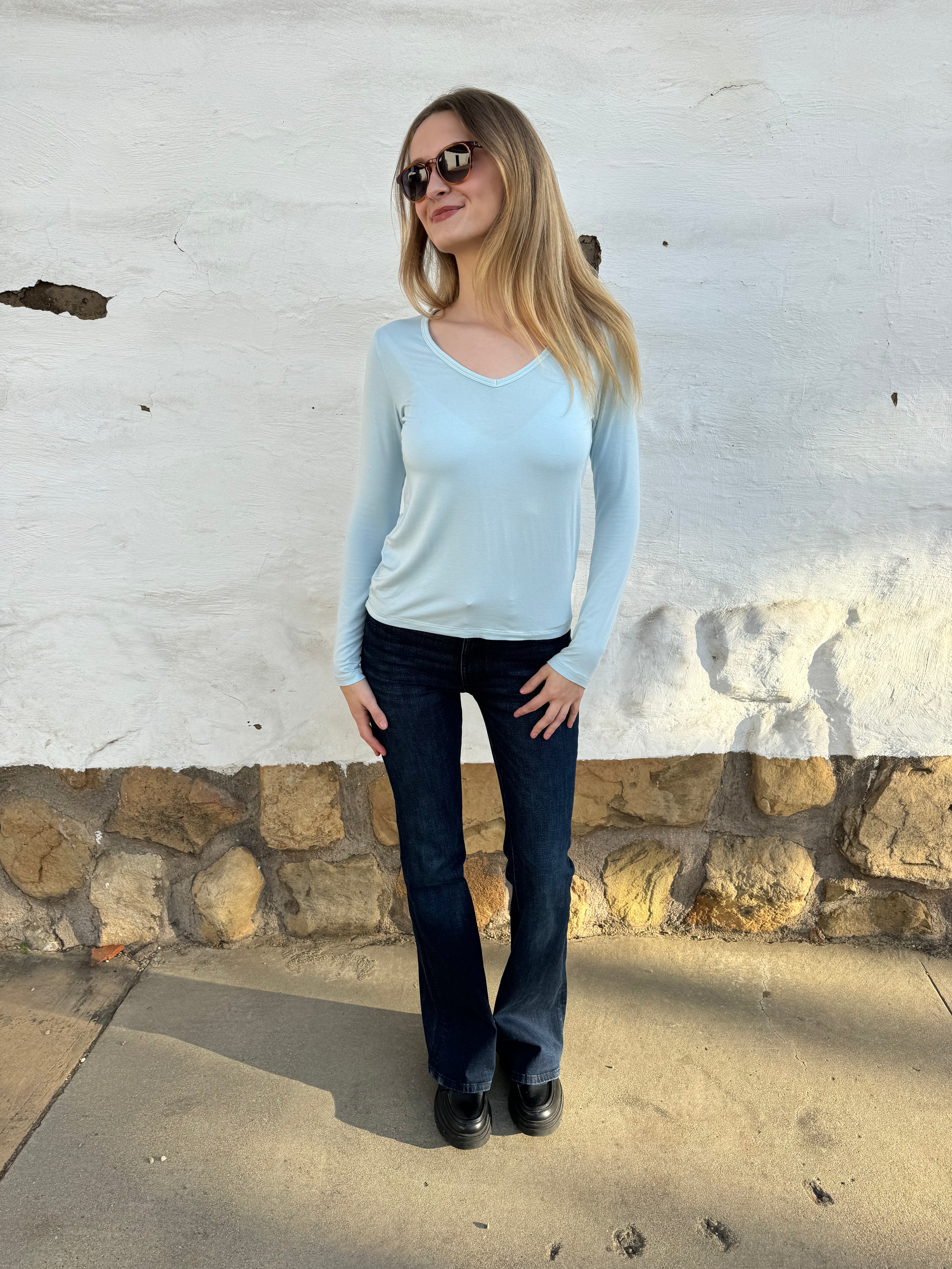 Softest V-neck Long Sleeve Tee - Sky Blue