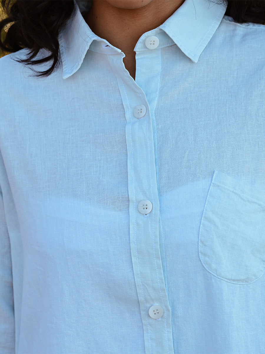 Linen Button Up Top - Sky Blue