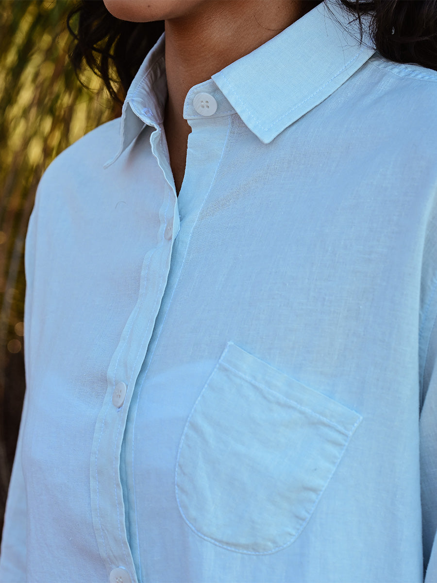 Linen Button Up Top - Sky Blue