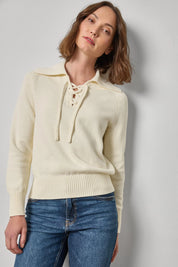 Lace Neck Polo Sweater - Ecru