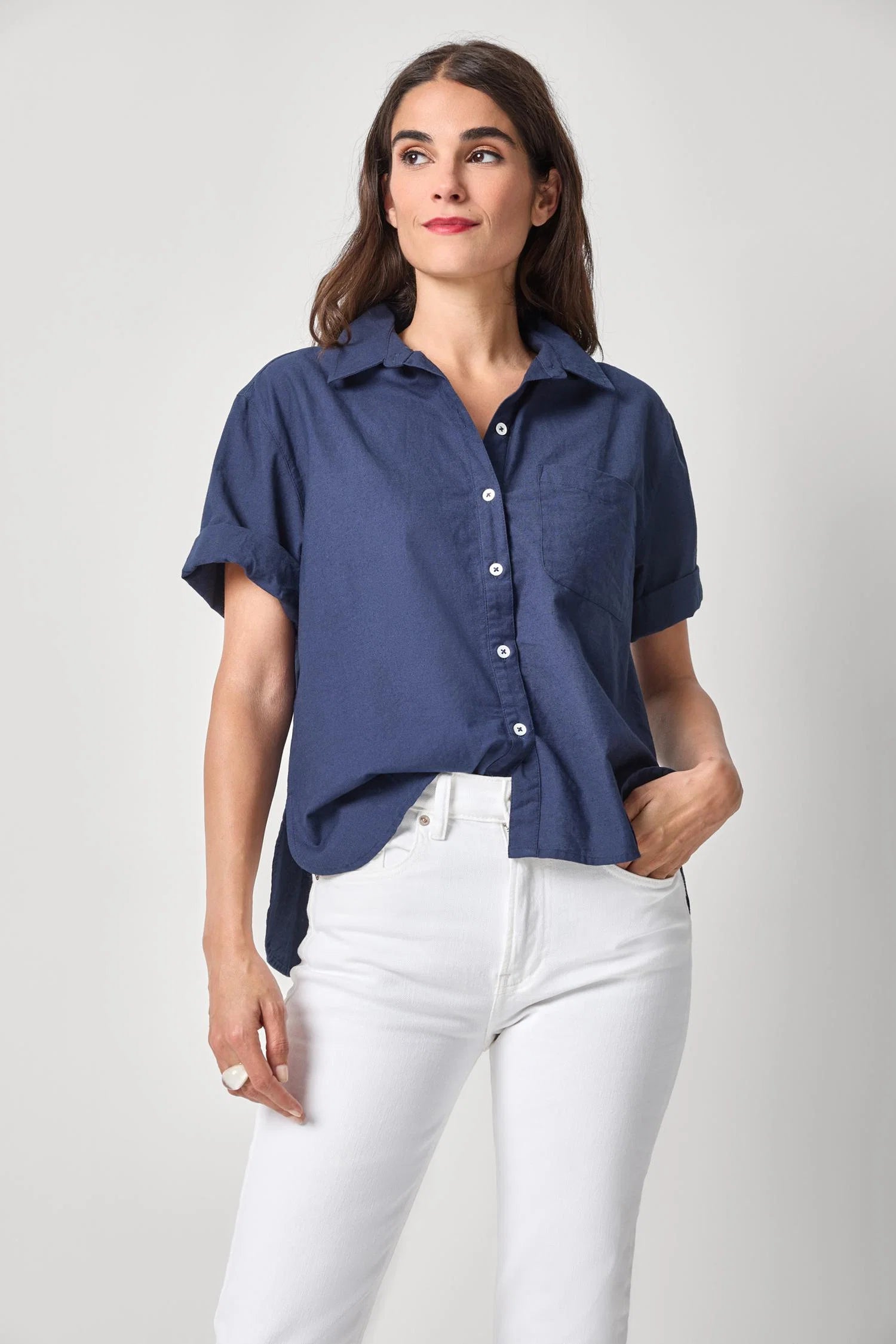 Linen Blend Boyfriend Button Down - Navy