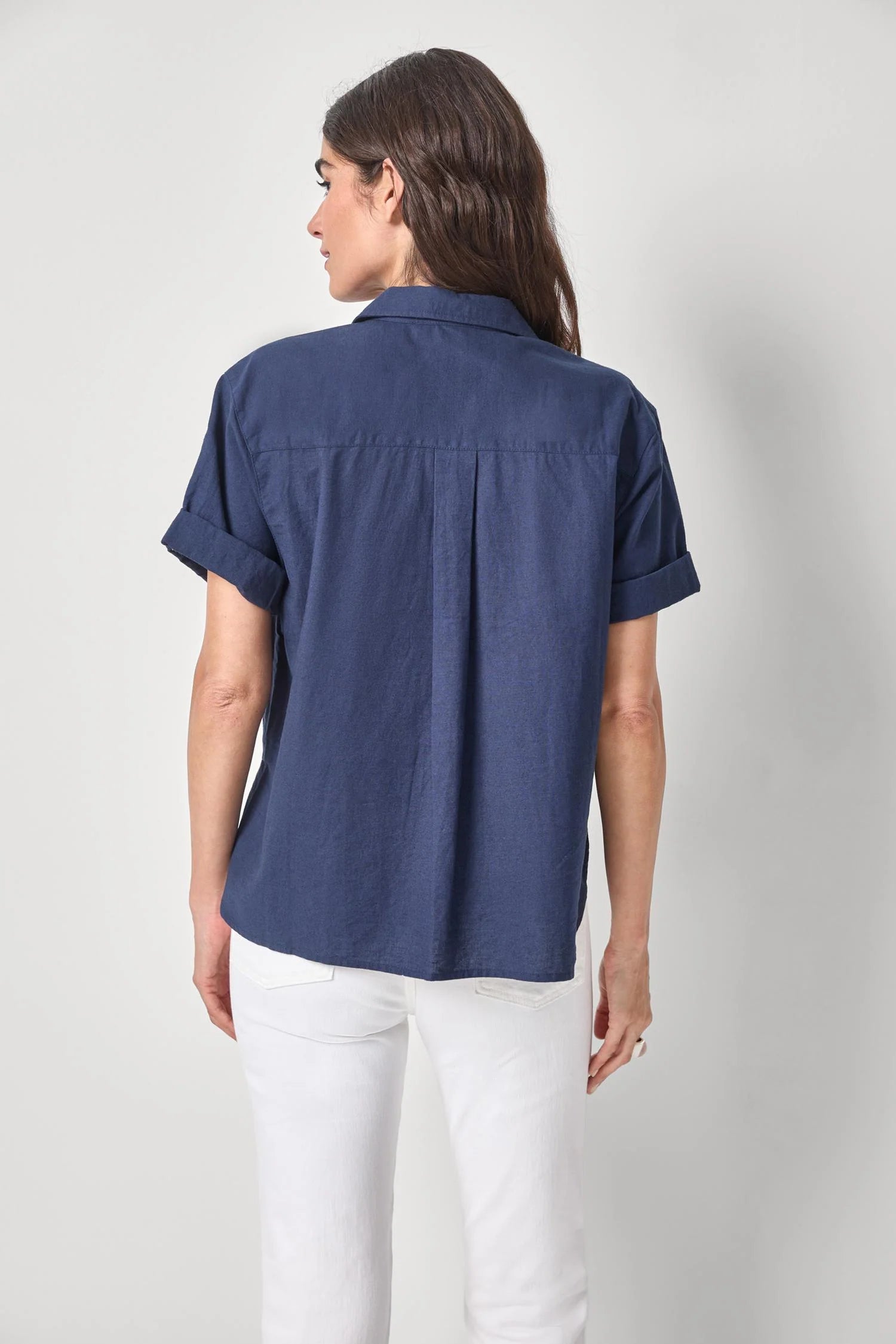 Linen Blend Boyfriend Button Down - Navy