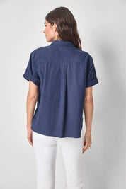 Linen Blend Boyfriend Button Down - Navy