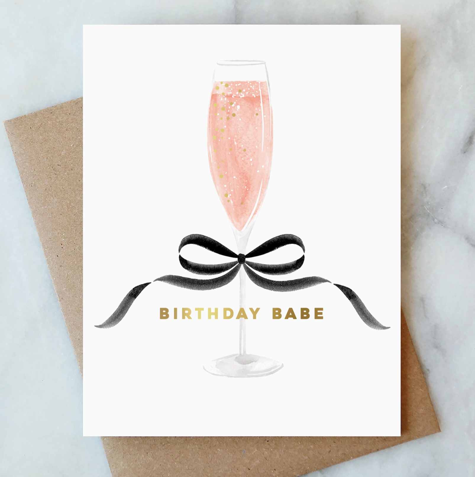 Bow Birthday Babe Greeting Card | Rosé Champagne Card