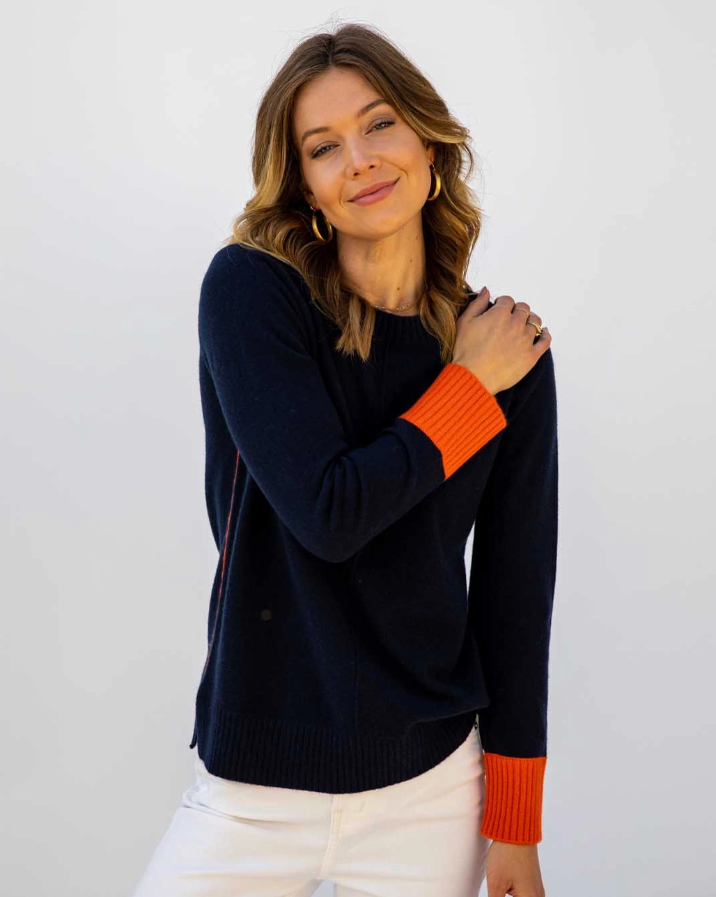 Cashmere Contrast Crew - Navy/Orange