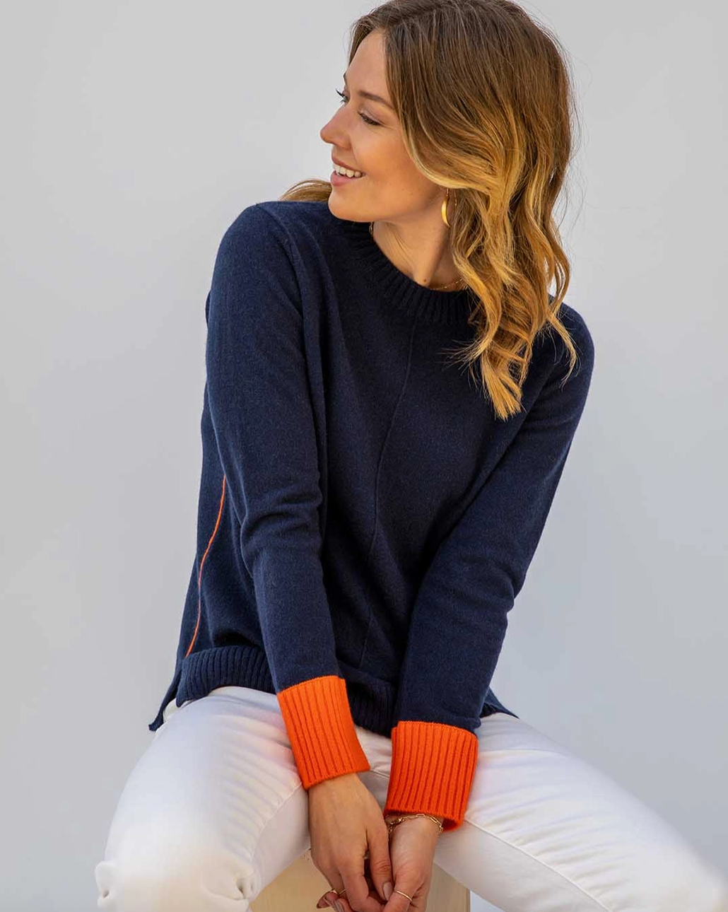 Cashmere Contrast Crew - Navy/Orange