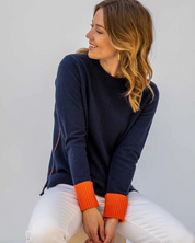Cashmere Contrast Crew - Navy/Orange
