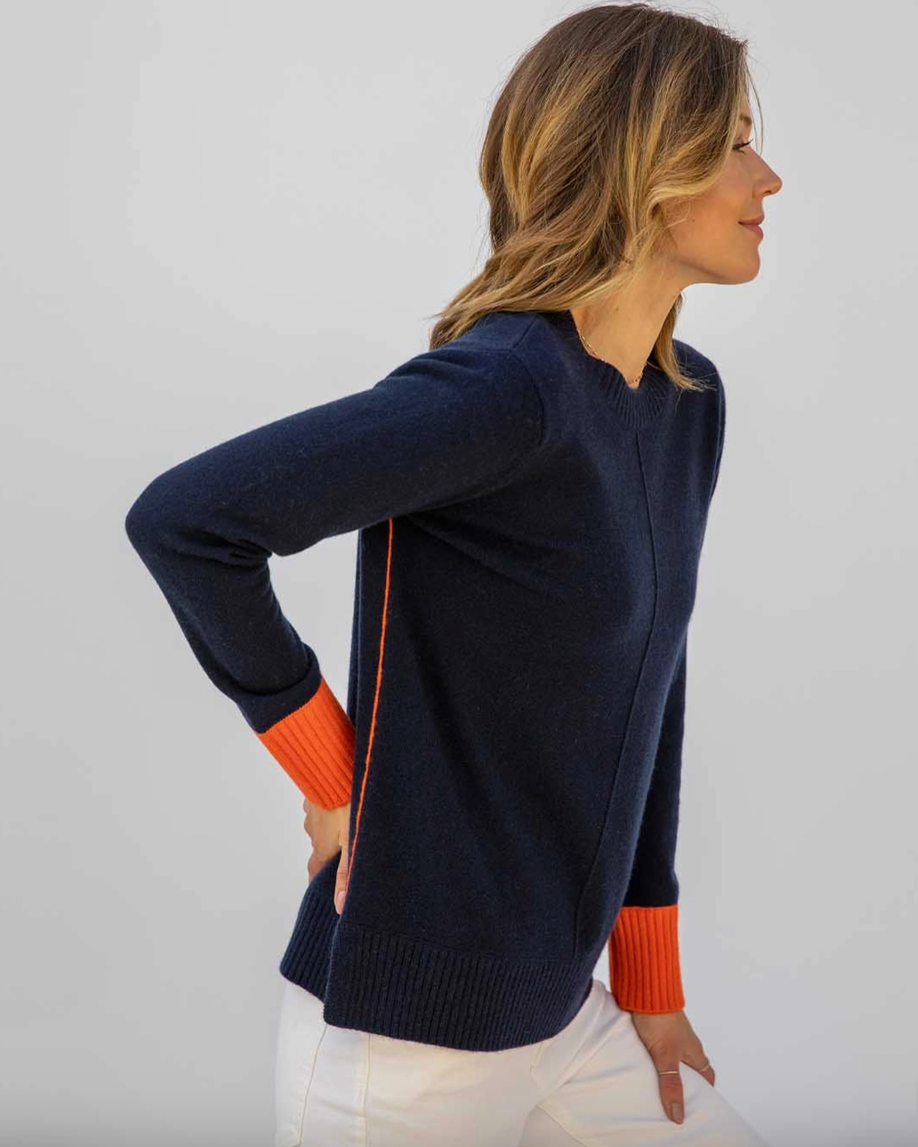 Cashmere Contrast Crew - Navy/Orange