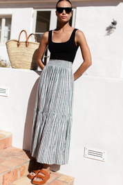 Shirred Skirt - Moss Stripe