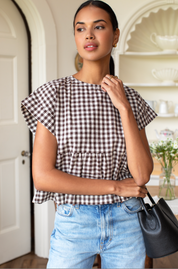 Dolman Peplum Top - Cocoa Gingham