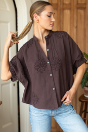 Mandarin Collar Top - French Knot Floral Vintage Chestnut