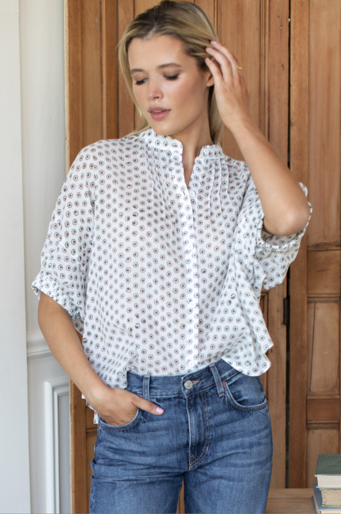 Mandarin Collar Top - Signet Olive Organic