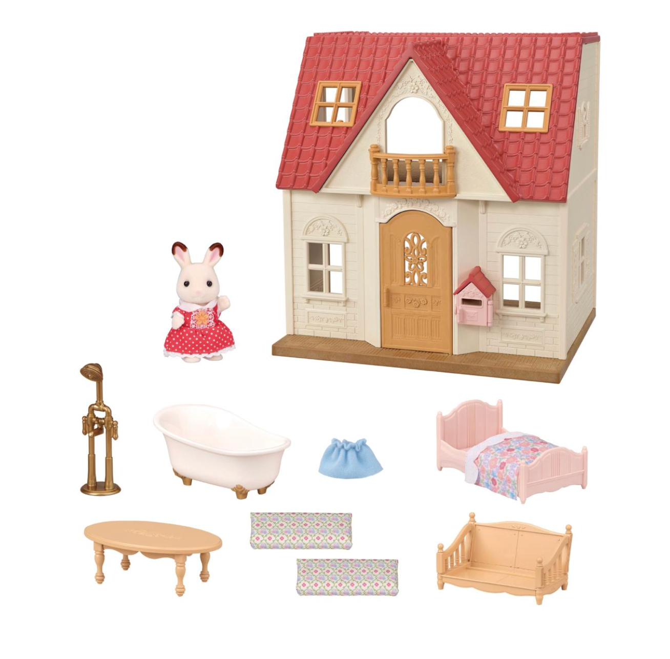 Red Roof Cozy Cottage, Dollhouse Playset with Figure, Furniture and Accessories